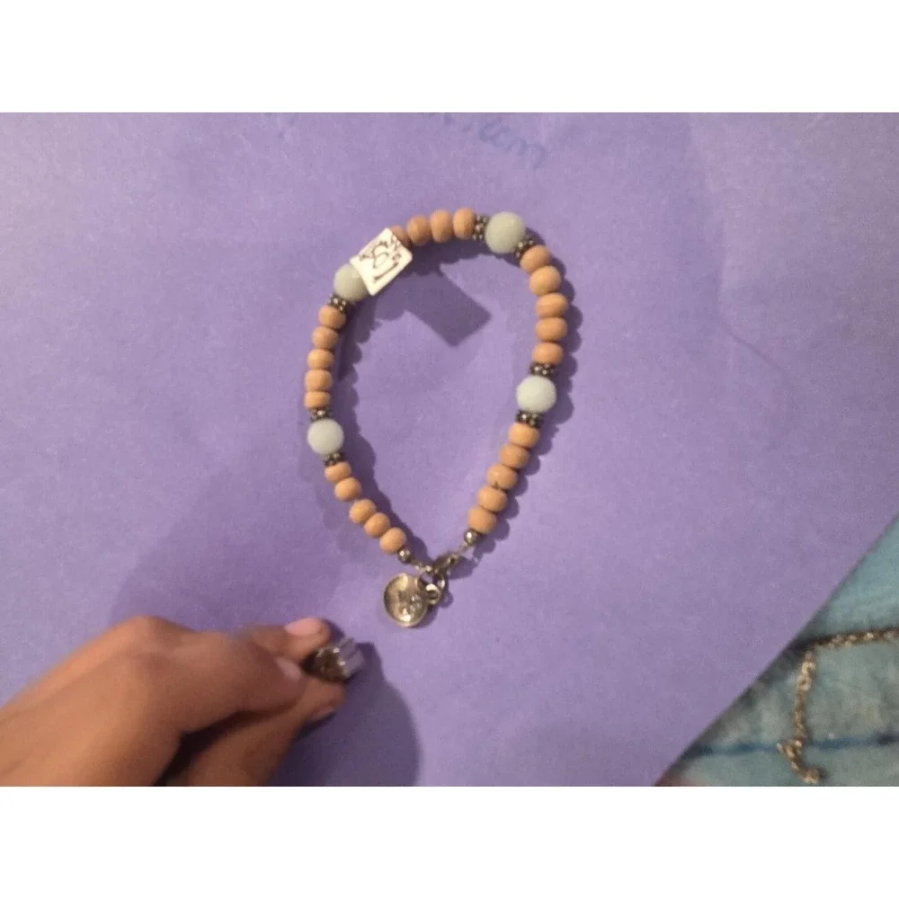 Flass And Stone Steeling Bracelet Beaded Wood Stone Steel Charm Blue Brown